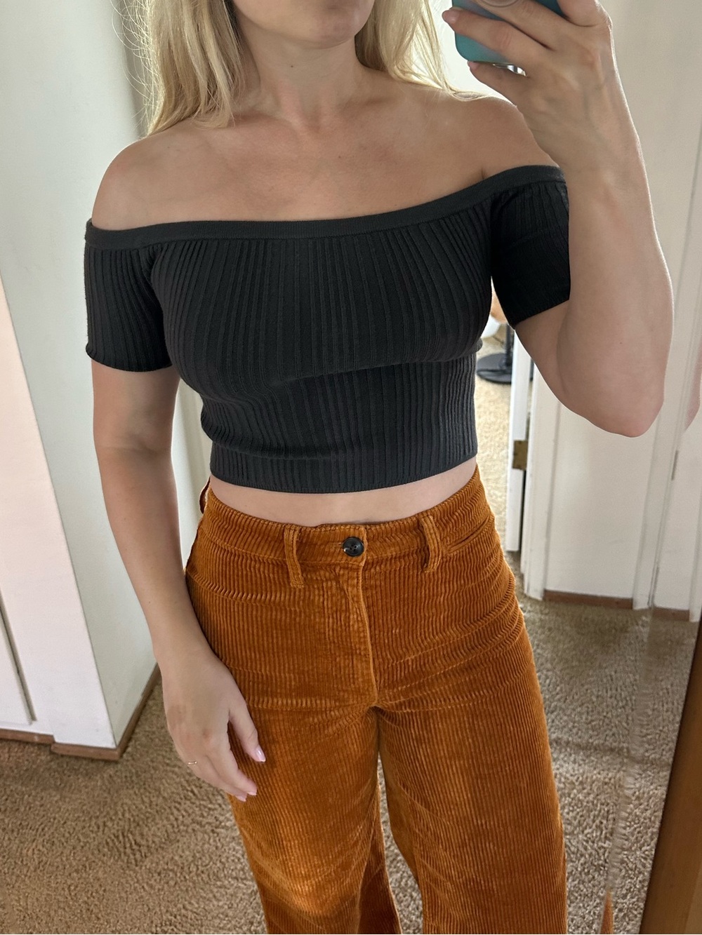 Aerie reversible Ribbed Off-Shoulder Crop Top - Black/dark gray/smoke